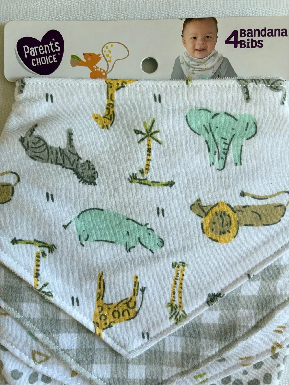Parents Choice White & Mint Safari Bandana Bibs - 4 Pack